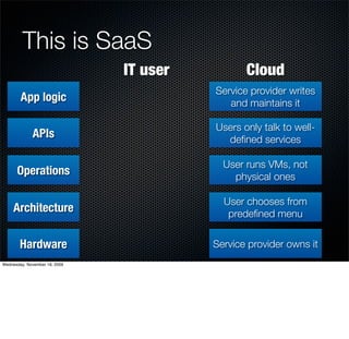 This is SaaS
                               IT user          Cloud
                                         Service provider writes
        App logic                           and maintains it

                                         Users only talk to well-
             APIs                          deﬁned services

                                           User runs VMs, not
      Operations                             physical ones

                                           User chooses from
     Architecture                           predeﬁned menu


        Hardware                         Service provider owns it
Wednesday, November 18, 2009
 