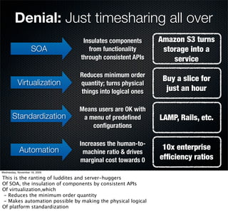 Denial: Just timesharing all over
                                 Insulates components         Amazon S3 turns
                    SOA            from functionality          storage into a
                                through consistent APIs           service
                               Reduces minimum order
                                                               Buy a slice for
           Virtualization      quantity; turns physical
                               things into logical ones         just an hour

                               Means users are OK with
       Standardization          a menu of predeﬁned           LAMP, Rails, etc.
                                   conﬁgurations

                               Increases the human-to-
            Automation                                         10x enterprise
                                machine ratio & drives
                               marginal cost towards 0        efﬁciency ratios
Wednesday, November 18, 2009

This is the ranting of luddites and server-huggers
Of SOA, the insulation of components by consistent APIs
Of virtualization,which
 - Reduces the minimum order quantity
 - Makes automation possible by making the physical logical
Of platform standardization
 