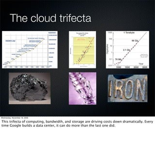 The cloud trifecta




Wednesday, November 18, 2009

This trifecta of computing, bandwidth, and storage are driving costs down dramatically. Every
time Google builds a data center, it can do more than the last one did.
 