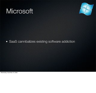 Microsoft



              SaaS cannibalizes existing software addiction




Wednesday, November 18, 2009
 