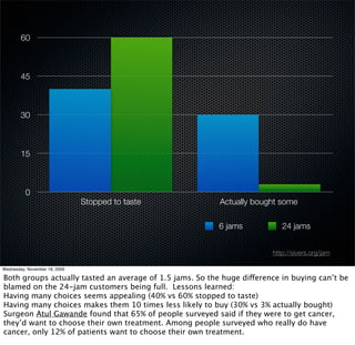 60



        45



        30



        15



          0
                               Stopped to taste           Actually bought some

                                                          6 jams           24 jams


                                                                        http://sivers.org/jam

Wednesday, November 18, 2009

Both groups actually tasted an average of 1.5 jams. So the huge difference in buying can’t be
blamed on the 24-jam customers being full. Lessons learned:
Having many choices seems appealing (40% vs 60% stopped to taste)
Having many choices makes them 10 times less likely to buy (30% vs 3% actually bought)
Surgeon Atul Gawande found that 65% of people surveyed said if they were to get cancer,
they’d want to choose their own treatment. Among people surveyed who really do have
cancer, only 12% of patients want to choose their own treatment.
 