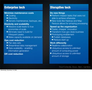 Enterprise tech                          Disruptive tech
      Minimize maintenance costs               Do new things
          Cooling                               Perform mission tasks that were not
          Electricity                           able to achieve otherwise
          Servers maintenance, backups, etc.    New tools like Hadoop and Map
      Elasticity and scalability                Reduce allows for amazing processing
          Massive scale leads to true          Speed up the organization
          economies of scale                    Faster, cheaper innovation
          Eliminate need to build for           Transform how gov does business
          infrequent peaks                      Prototyping enablement
          Make capacity available on demand       Publish databases
      Ops cost reduction                          Reduce start-up
          Flat data sets                       Work differently
          Streamlined data management           Realtime collaboration
          Data availability - enabling          Ubiquitous access to unlimited
          information generation                amount of computing power
      DR cost reduction                         Ubiquitous access to unlimited
                                                amount of storage




                                                       Rod Fontecilla, Booz, Allen, Hamilton
Wednesday, November 18, 2009
 