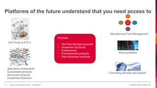 INTERNAL AND EXTERNAL USE6 | Absa Linked Investment Services - Presentation 1
Platforms of the future understand that you need access to
Products
• Tax Free Savings Accounts
• Investment Accounts
• Endowments
• Pre-retirement products
• Post-retirement products
Unit Trusts & ETF’s
Discretionary Fund Management
Share portfolios
Consulting services and support
Alternative Investments
Guaranteed products
Structured products
Investment Solutions
 