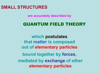 mediated by exchange of other
elementary particles
SMALL STRUCTURES
are accurately described by
QUANTUM FIELD THEORY
which postulates
that matter is composed
out of elementary particles
bound together by forces,
 