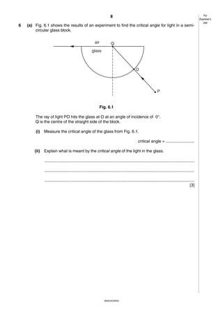 8
6

(a) Fig. 6.1 shows the results of an experiment to find the critical angle for light in a semicircular glass block.
air

Q

glass

O

P

Fig. 6.1
The ray of light PO hits the glass at O at an angle of incidence of 0°.
Q is the centre of the straight side of the block.
(i)

Measure the critical angle of the glass from Fig. 6.1.
critical angle = .........................

(ii)

Explain what is meant by the critical angle of the light in the glass.
...................................................................................................................................
...................................................................................................................................
...................................................................................................................................
[3]

0625/3/O/N/02

For
Examiner’s
Use

 