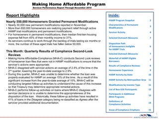 Making Home Affordable Program
                       Servicer Performance Report Through November 2010



Report Highlights                                                                      Inside:
                                                                                       HAMP Program Snapshot                 2
Nearly 550,000 Homeowners Granted Permanent Modifications
• Nearly 30,000 new permanent modifications reported in November.                      Characteristics of Permanent 
                                                                                                                             3
• More than 650,000 homeowners are realizing payment relief through active             Modifications
  HAMP trial modifications and permanent modifications.                                Servicer Activity                    4
• For homeowners in permanent modifications, their median first-lien housing
  expense fell from 45% of their monthly income to 31%.                                Selected Outreach Measures           7
• As servicers continue to work through the backlog of trials lasting six months or
  more, the number of these aged trials has fallen below 50,000.                       Disposition Path 
                                                                                       of Homeowners Ineligible             6
                                                                                       for HAMP Trials
This Month: Quarterly Results of Compliance Second-Look
                                                                                       Selected Outreach Measures           7
 Reviews
• Making Home Affordable-Compliance (MHA-C) conducts Second Look reviews               Waterfall of HAMP‐Eligible 
                                                                                                                             7
  of homeowner loan files that were not in HAMP modifications to ensure that the       Borrowers
  servicer’s actions were appropriate.                                                 Results of Compliance Reviews        8
• MHA-C disagreed with servicer actions an average of 2.4% of the time in the
  2nd quarter, lowering the year-to-date average to 2.9%.                              Homeowner Experience                 9
• During this quarter, MHA-C was unable to determine whether the loan was              HAMP Activity by State               10
  properly evaluated for HAMP on average 15% of the time. As a result of this
  significant increase from the year-to-date average of 10%, MHA-C will be             HAMP Activity by Metropolitan Area   11
  conducting targeted follow-up activities to understand the cause of this increase    Modifications by Investor Type       11
  so that Treasury may determine appropriate remedial actions.
• MHA-C performs follow-up activities on loans where MHA-C disagrees with              List of Non‐GSE Participants         12
  servicer decisions or is unable to determine the appropriateness of the              Participants in Additional
  disposition of the loan. Historically, these follow-up activities have resulted in                                        13
                                                                                       MHA Programs
  41% of loans in the Disagree category being re-classified as Agrees after the
                                                                                       Definitions of 
  servicer provided additional documentation.                                                                               14
                                                                                       Compliance Activities

                                                                                       Areas of Compliance Emphasis         15
                                                                                                                                 1
 