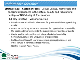 Performance Measures
Strategic Goal - Customer Focus: Deliver unique, memorable and
   engaging experiences in the natural beauty and rich cultural
   heritage of NPC during all four seasons
    1.1 Key Initiative – Visitor attraction
   – Introduce new activities in all seasons for guests which leverage existing
     assets
   – Assess each existing venue and park area for opportunities provided by
     the space and improvement to the experience provided to our guests
   – Create a culture of excellence at Niagara Parks for hospitality,
     horticulture, service and uniqueness of experiences.
   – Build partnerships with tourism operators, corporate planners and
     other venues in Toronto and local markets.
   – Identify reuse of Power Plants.




                                                                26
 