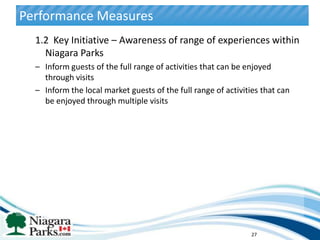 Performance Measures
  1.2 Key Initiative – Awareness of range of experiences within
    Niagara Parks
  – Inform guests of the full range of activities that can be enjoyed
    through visits
  – Inform the local market guests of the full range of activities that can
    be enjoyed through multiple visits




                                                                27
 