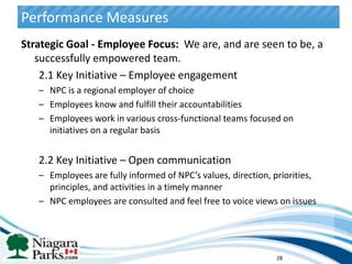 Performance Measures
Strategic Goal - Employee Focus: We are, and are seen to be, a
   successfully empowered team.
    2.1 Key Initiative – Employee engagement
   – NPC is a regional employer of choice
   – Employees know and fulfill their accountabilities
   – Employees work in various cross-functional teams focused on
     initiatives on a regular basis


   2.2 Key Initiative – Open communication
   – Employees are fully informed of NPC’s values, direction, priorities,
     principles, and activities in a timely manner
   – NPC employees are consulted and feel free to voice views on issues




                                                              28
 