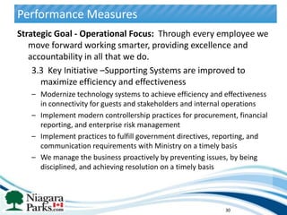 Performance Measures
Strategic Goal - Operational Focus: Through every employee we
   move forward working smarter, providing excellence and
   accountability in all that we do.
    3.3 Key Initiative –Supporting Systems are improved to
      maximize efficiency and effectiveness
   – Modernize technology systems to achieve efficiency and effectiveness
     in connectivity for guests and stakeholders and internal operations
   – Implement modern controllership practices for procurement, financial
     reporting, and enterprise risk management
   – Implement practices to fulfill government directives, reporting, and
     communication requirements with Ministry on a timely basis
   – We manage the business proactively by preventing issues, by being
     disciplined, and achieving resolution on a timely basis




                                                            30
 