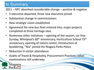 In Summary
2011 – NPC absorbed considerable change – positive & negative
• 5 executive departed, three new executive joined
• Substantive change in commissioners
• New strategic vision established
• Agreement for new bus fleet entered into, major projects
  completed at three heritage sites
• Numerous other initiatives – opening of the season, car free
  Sunday, Whirlpool’s 60th anniversary, Horticulture School 75th
  anniversary, opening of nature center, introduction of
  bouldering, “Nia” joined the Niagara Parks Police
• Reduction in visitor attendance
• Audits of Travel & Hospitality, Procurement Practices; other
                                                   41


  examinations still underway

                                                     41
 