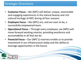 Strategic Directions

• Customer Focus – We (NPC) will deliver unique, memorable
  and engaging experiences in the natural beauty and rich
  cultural heritage of NPC during all four seasons.
• Employee Focus – We (NPC) are, and are seen to be, a
  successfully empowered team.
• Operational Focus – Through every employee, we (NPC) will
  move forward working smarter, providing excellence and
  accountability in all that we do.
• Financial Focus – Our (NPC’s) reserves enable us to provide
  investment in our infrastructure today and the ability to
  leverage opportunities in the future.



                                                    8
 