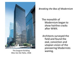 Breaking the Box of Modernism
The monolith of
Modernism began to
show hairline cracks
after WWII.
Architects surveyed the
field and found the
zeal, conviction and
utopian vision of the
pioneering Modernists
waning.The Seagram Building
Mies Van Der Rohe, 1958
 