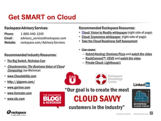 Get SMART on Cloud
Rackspace Advisory Services:                        Recommended Rackspace Resources:
Phone:      1-800-440-1249                          • Cloud: Vision to Reality whitepaper (right side of page)
Email :     advisory_services@rackspace.com         • Cloud: Economics whitepaper (right side of page)
Website:    rackspace.com/Advisory Services         • Take the Cloud Readiness Self Assessment

                                                    • Use cases:
Recommended Industry Resources:                       – Hybrid Hosting: Dominos Pizza and watch the video
                                                      – RackConnect™: VEVO and watch the video
• The Big Switch, Nicholas Carr                       – Private Cloud: Lighthouse1
• Cloudonomics: The Business Value of Cloud
  Computing, Joe Weinman
• www.Cloudability.com                                                     Rackspace
                                                                           Knowledge
• http://gigaom.com/                                                       Center
• www.gartner.com
• www.forrester.com
                                              “Our goal is to create the most
• www.idc.com                                     CLOUD SAVVY
                                               customers in the industry”
                                                                                 RACKSPACE® HOSTING   |   W W W.RACKSPACE.COM
                                                                                                                                17
 