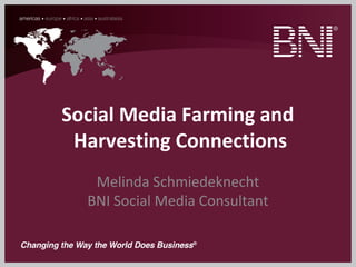 Social Media Farming and
Harvesting Connections
Melinda Schmiedeknecht
BNI Social Media Consultant

 