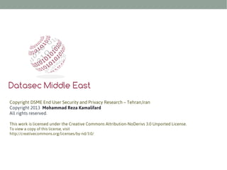 Copyright DSME End User Security and Privacy Research – Tehran,Iran
Copyright 2013 Mohammad Reza Kamalifard
All rights reserved.
This work is licensed under the Creative Commons Attribution-NoDerivs 3.0 Unported License.
To view a copy of this license, visit
http://creativecommons.org/licenses/by-nd/3.0/

 