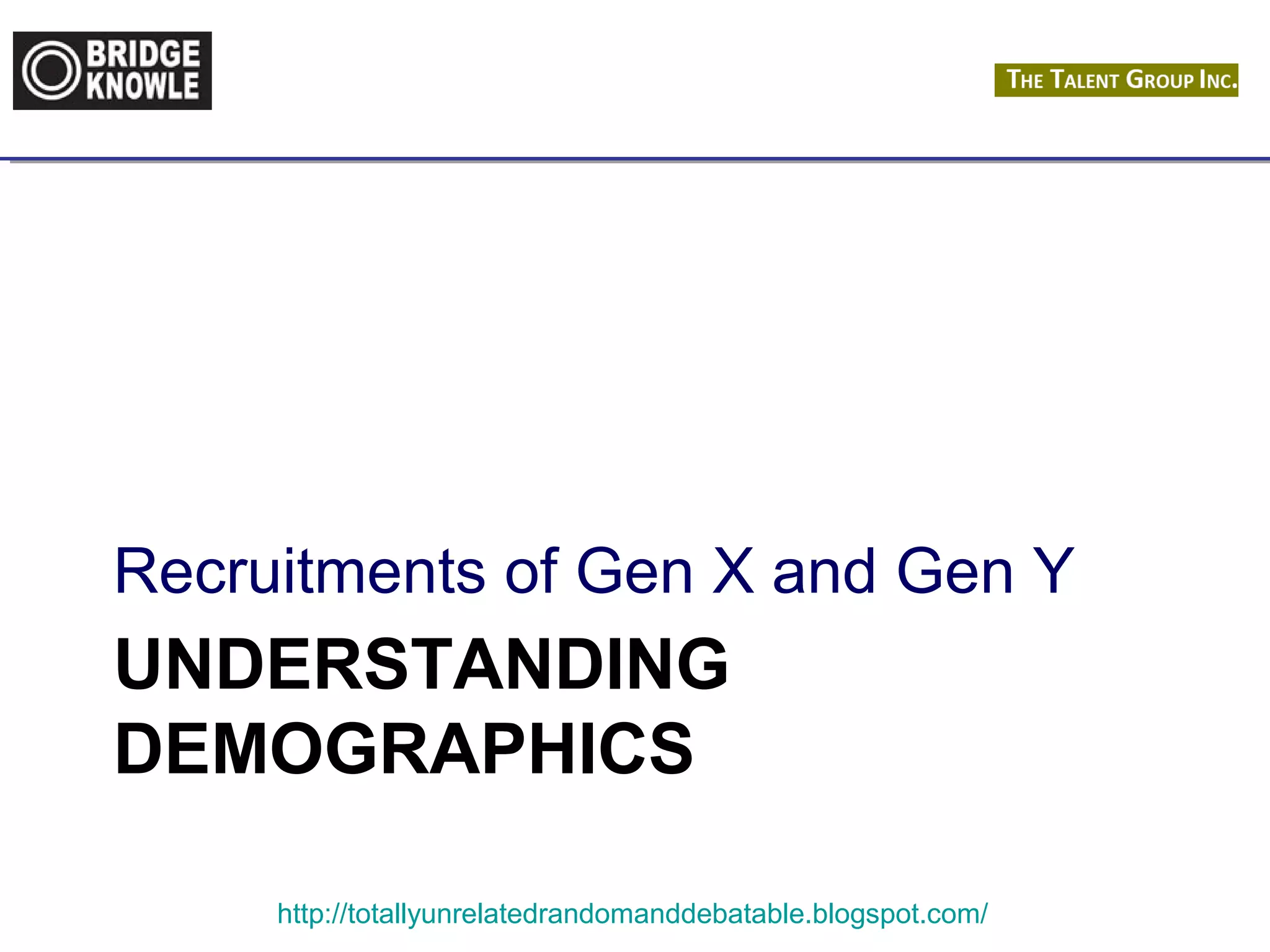 Recruitments of Gen X and Gen Y 
UNDERSTANDING 
DEMOGRAPHICS 
http://totallyunrelatedrandomanddebatable.blogspot.com/ 
 