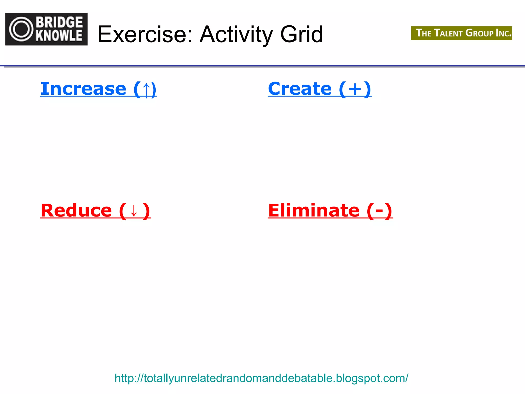 Exercise: Activity Grid 
Increase (↑) Create (+) 
Reduce (↓) Eliminate (-) 
http://totallyunrelatedrandomanddebatable.blogspot.com/ 
 