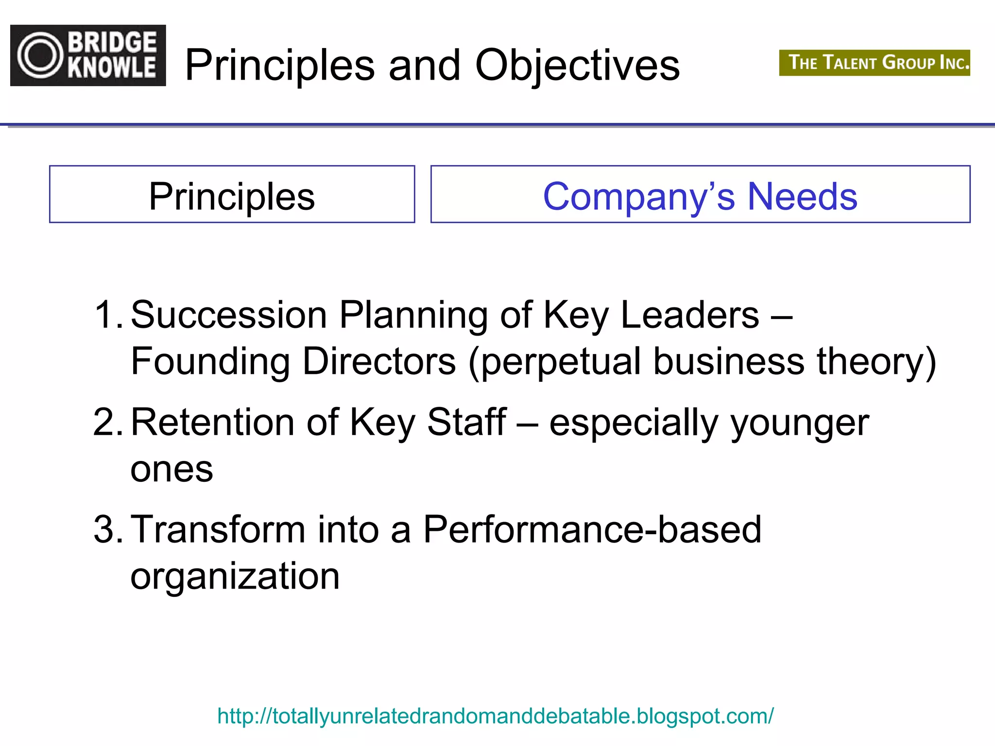 Principles and Objectives 
Principles Company’s Needs 
1.Succession Planning of Key Leaders – 
Founding Directors (perpetual business theory) 
2.Retention of Key Staff – especially younger 
ones 
3.Transform into a Performance-based 
organization 
http://totallyunrelatedrandomanddebatable.blogspot.com/ 
 