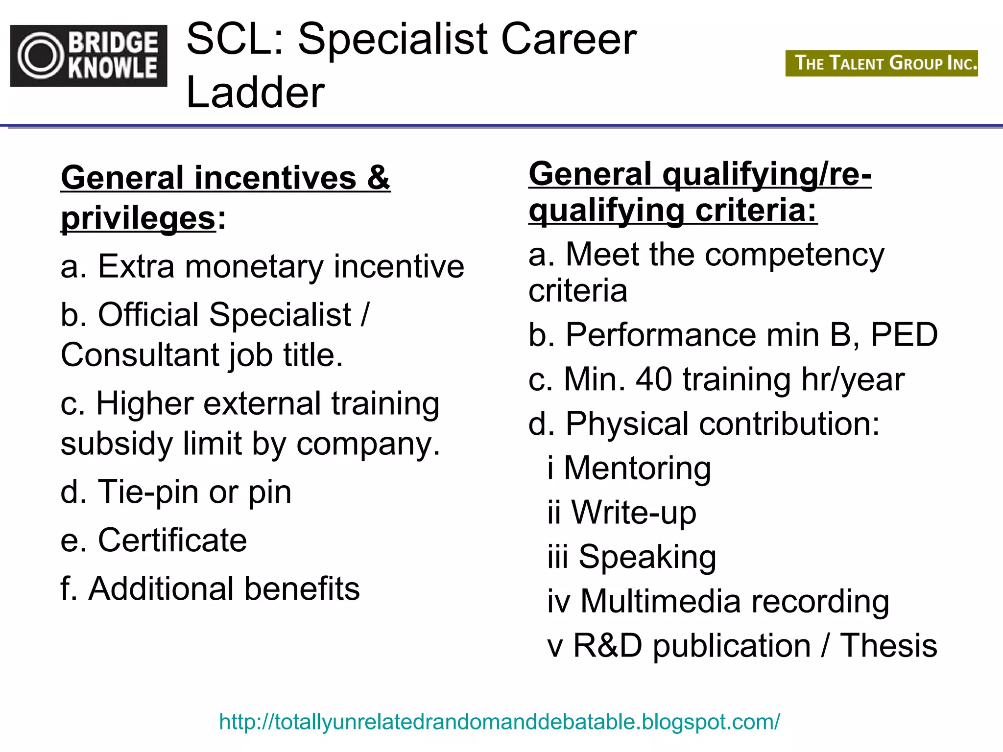 SCL: Specialist Career 
Ladder 
General incentives & 
privileges: 
a. Extra monetary incentive 
b. Official Specialist / 
Consultant job title. 
c. Higher external training 
subsidy limit by company. 
d. Tie-pin or pin 
e. Certificate 
f. Additional benefits 
General qualifying/re-qualifying 
criteria: 
a. Meet the competency 
criteria 
b. Performance min B, PED 
c. Min. 40 training hr/year 
d. Physical contribution: 
i Mentoring 
ii Write-up 
iii Speaking 
iv Multimedia recording 
v R&D publication / Thesis 
http://totallyunrelatedrandomanddebatable.blogspot.com/ 
 