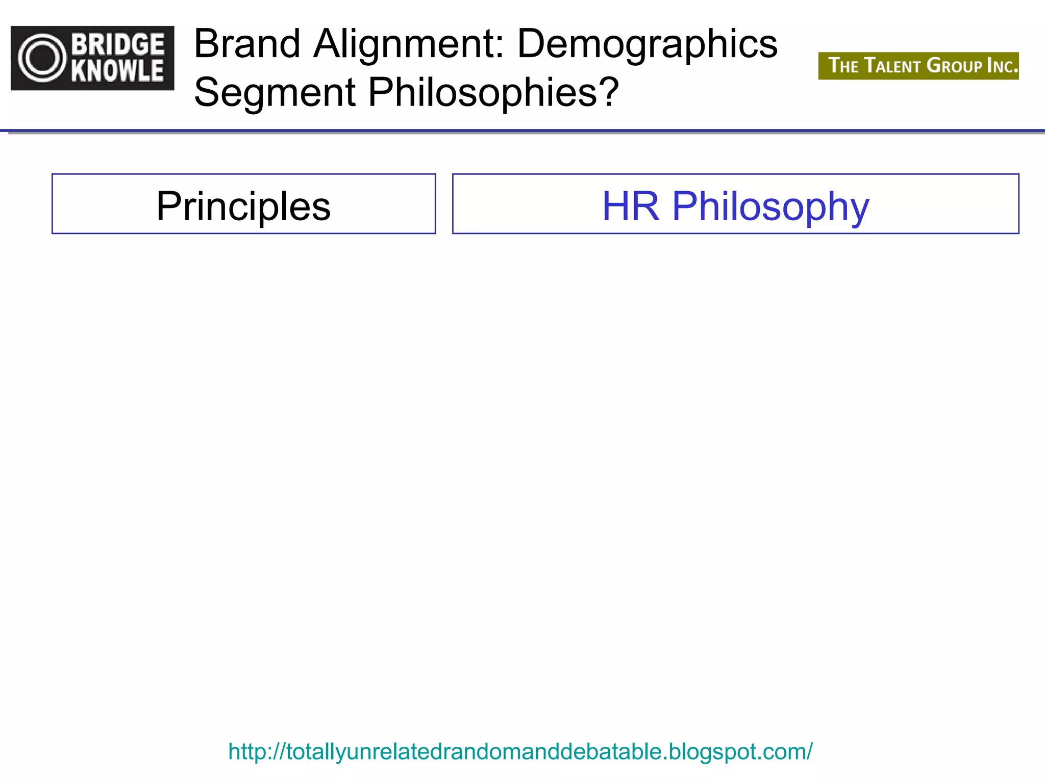 Brand Alignment: Demographics 
Segment Philosophies? 
Principles HR Philosophy 
http://totallyunrelatedrandomanddebatable.blogspot.com/ 
 