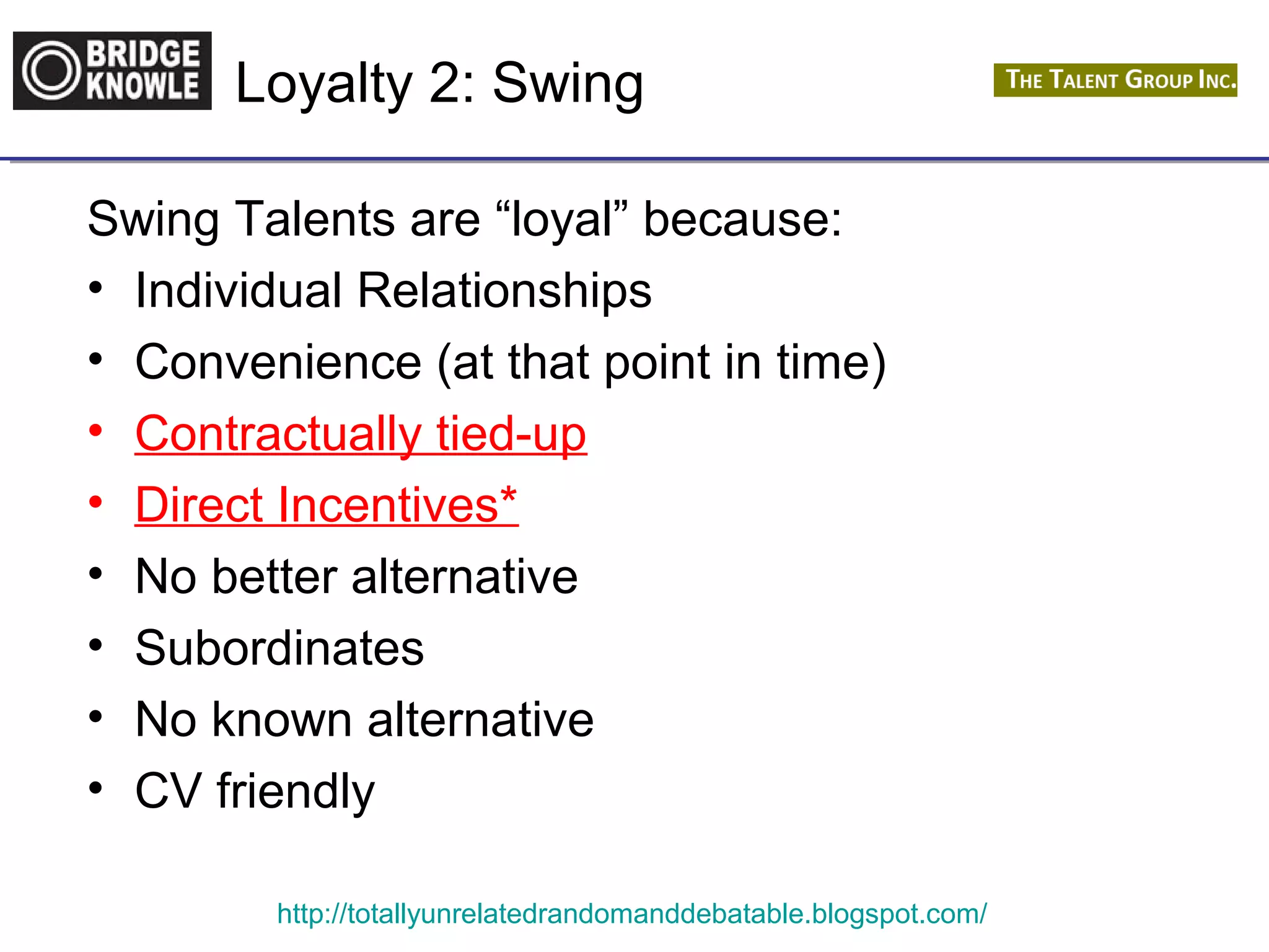 Loyalty 2: Swing 
Swing Talents are “loyal” because: 
• Individual Relationships 
• Convenience (at that point in time) 
• Contractually tied-up 
• Direct Incentives* 
• No better alternative 
• Subordinates 
• No known alternative 
• CV friendly 
http://totallyunrelatedrandomanddebatable.blogspot.com/ 
 