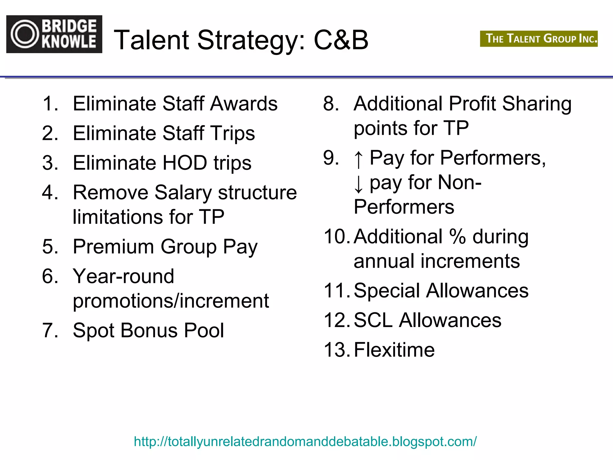 Talent Strategy: C&B 
1. Eliminate Staff Awards 
2. Eliminate Staff Trips 
3. Eliminate HOD trips 
4. Remove Salary structure 
limitations for TP 
5. Premium Group Pay 
6. Year-round 
promotions/increment 
7. Spot Bonus Pool 
8. Additional Profit Sharing 
points for TP 
9. ↑ Pay for Performers, 
↓ pay for Non- 
Performers 
10.Additional % during 
annual increments 
11.Special Allowances 
12.SCL Allowances 
13.Flexitime 
http://totallyunrelatedrandomanddebatable.blogspot.com/ 
 