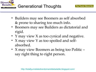 Generational Thoughts 
• Builders may see Boomers as self absorbed 
& prone to sharing too much info. 
• Boomers may see Builders as dictatorial and 
rigid. 
• Y may view X as too cynical and negative. 
• X may view Y as too spoiled and self-absorbed. 
• X may view Boomers as being too Politic – 
say right thing to right person. 
http://totallyunrelatedrandomanddebatable.blogspot.com/ 
 