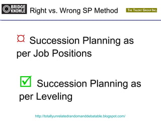 Right vs. Wrong SP Method 
 Succession Planning as 
per Job Positions 
 Succession Planning as 
per Leveling 
http://totallyunrelatedrandomanddebatable.blogspot.com/ 
 
