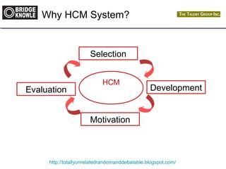 Why HCM System? 
Selection 
HCM Development 
Motivation 
Evaluation 
http://totallyunrelatedrandomanddebatable.blogspot.com/ 
 