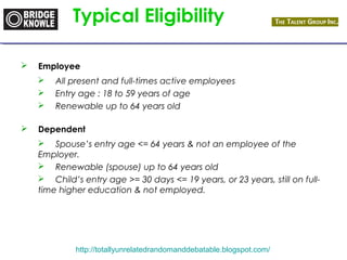 Typical Eligibility 
 Employee 
 All present and full-times active employees 
 Entry age : 18 to 59 years of age 
 Renewable up to 64 years old 
 Dependent 
 Spouse’s entry age <= 64 years & not an employee of the 
Employer. 
 Renewable (spouse) up to 64 years old 
 Child’s entry age >= 30 days <= 19 years, or 23 years, still on full-time 
higher education & not employed. 
http://totallyunrelatedrandomanddebatable.blogspot.com/ 
 