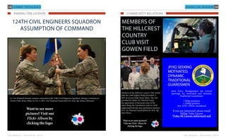 8
T h e B e a c o n | N o v e m b e r 2 0 1 5
Combat Excellence
Want to see more pictures?
Visit our Flickr Album by
clicking the logo:
Staff Sgt. Jonathan R. Finer, a security forces Airmen from the 124th Security Forces Squadron, Gowen Field, Idaho, uses zip-tie
handcuffs to restrain Mark Davis, a student flight trainee at Gowen Field, who is portraying a villager during a Field Training
Exercise Sept. 12 at the Orchard Combat Training Center, Boise, Idaho. This exercise is designed to prepare Airmen for poten-
tial deployments and real-life situations. (Air National Guard photo by Airman 1st Class Skyla Child)
Maj. Phillip Mills, the commander
of the 124 SFS.
“This is the very first time any-
thing like this has happened at the
base, Maj. Mills came up with the
idea and pursued it,” said Rowe.
Executing an exercise takes plan-
ning, preparation and being able
to work together.
“One of the things that the
Airmen displayed is teamwork,
number one” said Rowe. “They
took this mission and spent hours
briefing and training on it this
morning. The Airmen planned
for it, they ran through it mental-
ly and then they implemented the
plan. Now they’re going to look
back and evaluate the effective-
ness of their strategies.”
“These people are just phenom-
enal, their enthusiasm for what
they do and the pride that they
take in their jobs is so evident
with everything that they do,” said
Rowe. “It’s a very cool, presti-
gious job, and I think it’s taken
for granted. After watching them
today, it’s an amazing group of
people who are in this squadron.
Getting to watch them in action is
just great.”
 