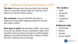 #5 – Software-Defined Perimeter (SDP)
The idea: Manage users like any other host coming
from an untrusted network (like the Internet). Have
little to no Internet attack surface.
The customer: Anyone that feels like they’re
fighting a losing battle keeping endpoints secured
and under control.
How does it work? Like the idea of NAC, users have
no access by default. Access is granted to apps from
anywhere and any device through an authentication
gateway. Successful authentication creates an IPSEC
tunnel or reverse proxy to the app.
22
The vendors:
• Soha
• Verasynth
• Vidder
• CryptZone
• Safe-T
Kinda/not really
• FortyCloud
• Pertino
• Hamahi
• Unisys Stealth
 