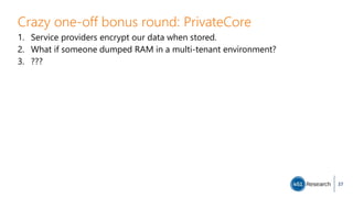 Crazy one-off bonus round: PrivateCore
1. Service providers encrypt our data when stored.
2. What if someone dumped RAM in a multi-tenant environment?
3. ???
37
 