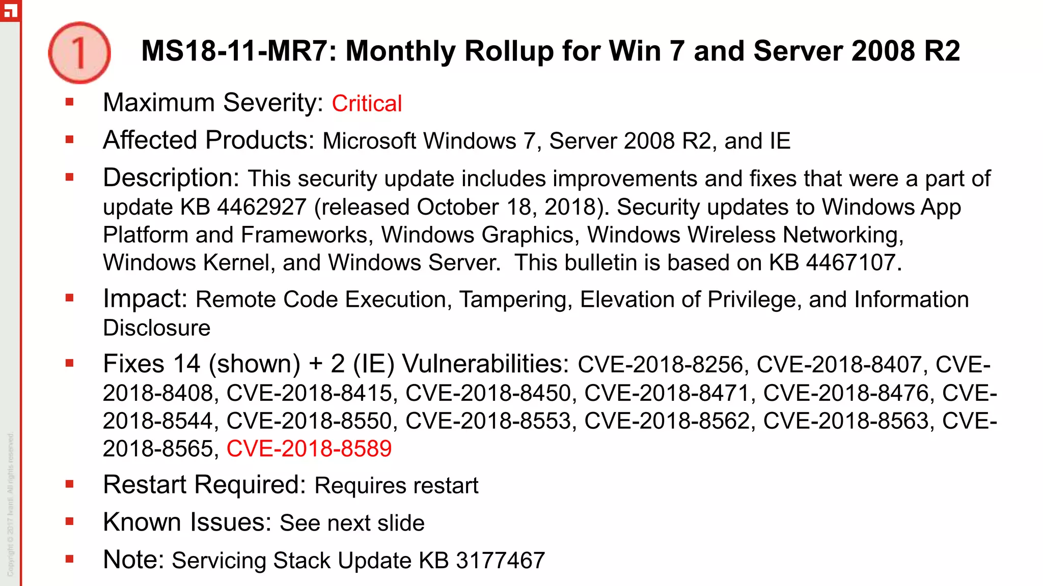 MS18-11-MR7: Monthly Rollup for Win 7 and Server 2008 R2
 Maximum Severity: Critical
 Affected Products: Microsoft Windows 7, Server 2008 R2, and IE
 Description: This security update includes improvements and fixes that were a part of
update KB 4462927 (released October 18, 2018). Security updates to Windows App
Platform and Frameworks, Windows Graphics, Windows Wireless Networking,
Windows Kernel, and Windows Server. This bulletin is based on KB 4467107.
 Impact: Remote Code Execution, Tampering, Elevation of Privilege, and Information
Disclosure
 Fixes 14 (shown) + 2 (IE) Vulnerabilities: CVE-2018-8256, CVE-2018-8407, CVE-
2018-8408, CVE-2018-8415, CVE-2018-8450, CVE-2018-8471, CVE-2018-8476, CVE-
2018-8544, CVE-2018-8550, CVE-2018-8553, CVE-2018-8562, CVE-2018-8563, CVE-
2018-8565, CVE-2018-8589
 Restart Required: Requires restart
 Known Issues: See next slide
 Note: Servicing Stack Update KB 3177467
 