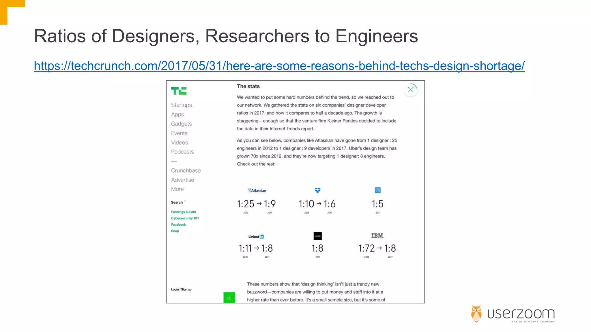 Ratios of Designers, Researchers to Engineers
https://techcrunch.com/2017/05/31/here-are-some-reasons-behind-techs-design-shortage/
 