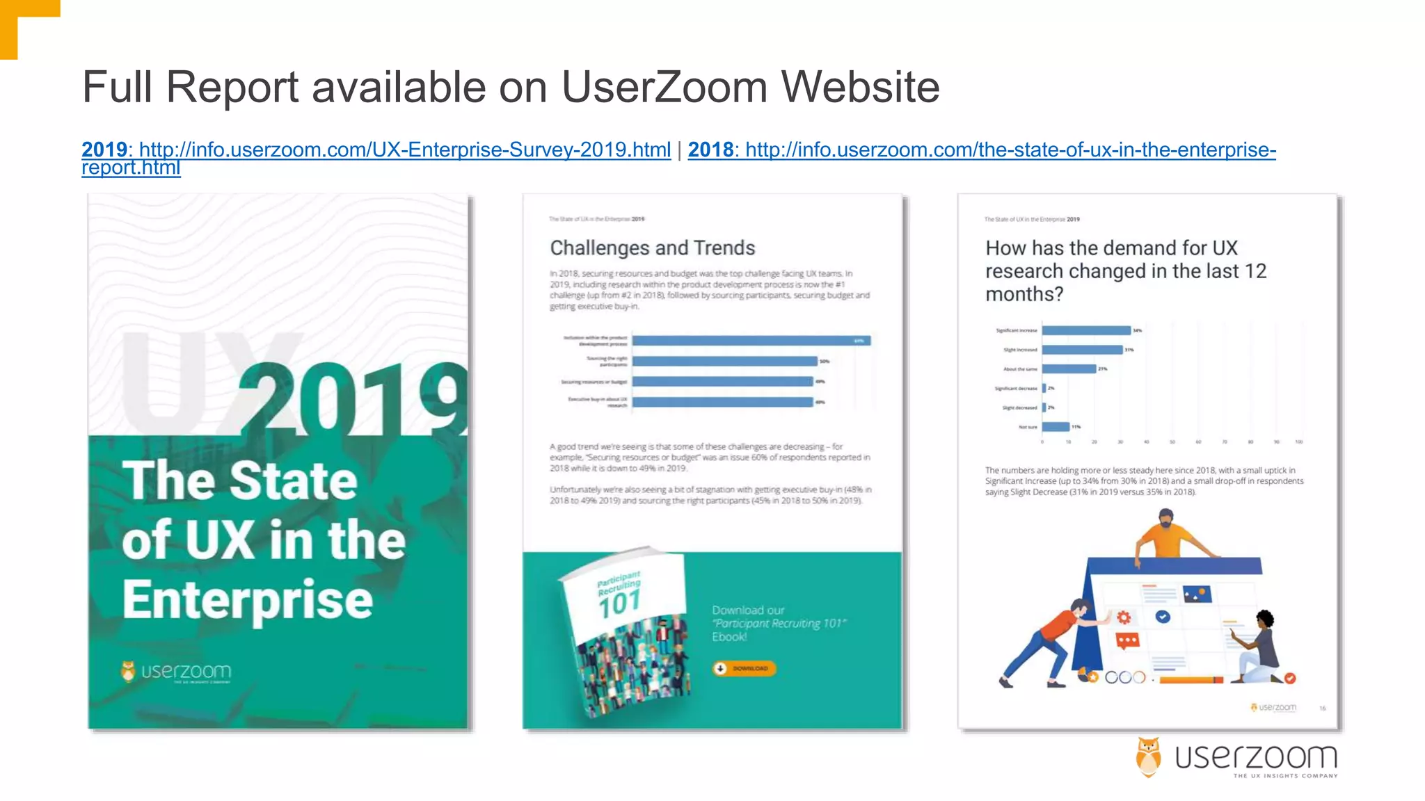 Full Report available on UserZoom Website
2019: http://info.userzoom.com/UX-Enterprise-Survey-2019.html | 2018: http://info.userzoom.com/the-state-of-ux-in-the-enterprise-
report.html
 
