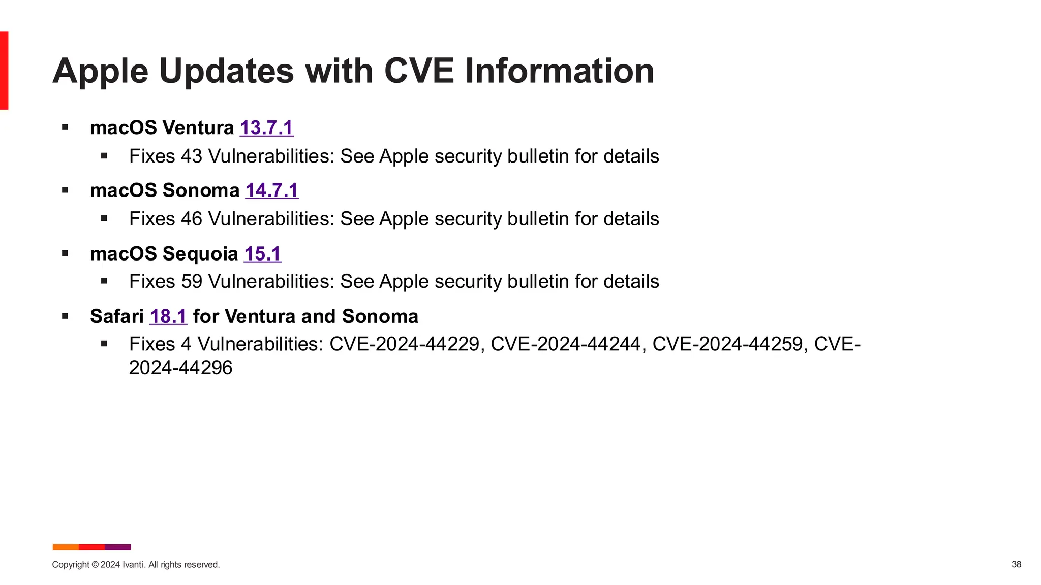 Copyright © 2024 Ivanti. All rights reserved. 38
Apple Updates with CVE Information
▪ macOS Ventura 13.7.1
▪ Fixes 43 Vulnerabilities: See Apple security bulletin for details
▪ macOS Sonoma 14.7.1
▪ Fixes 46 Vulnerabilities: See Apple security bulletin for details
▪ macOS Sequoia 15.1
▪ Fixes 59 Vulnerabilities: See Apple security bulletin for details
▪ Safari 18.1 for Ventura and Sonoma
▪ Fixes 4 Vulnerabilities: CVE-2024-44229, CVE-2024-44244, CVE-2024-44259, CVE-
2024-44296
 