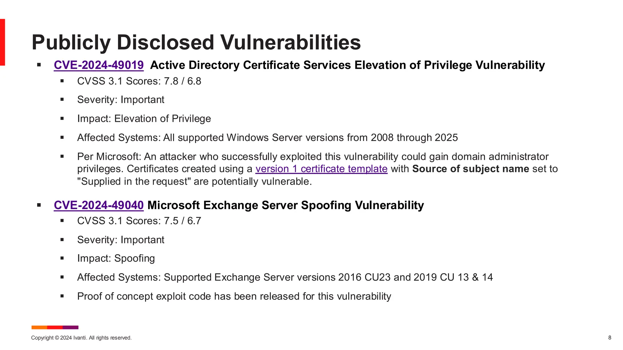 Copyright © 2024 Ivanti. All rights reserved. 8
▪ CVE-2024-49019 Active Directory Certificate Services Elevation of Privilege Vulnerability
▪ CVSS 3.1 Scores: 7.8 / 6.8
▪ Severity: Important
▪ Impact: Elevation of Privilege
▪ Affected Systems: All supported Windows Server versions from 2008 through 2025
▪ Per Microsoft: An attacker who successfully exploited this vulnerability could gain domain administrator
privileges. Certificates created using a version 1 certificate template with Source of subject name set to
"Supplied in the request" are potentially vulnerable.
▪ CVE-2024-49040 Microsoft Exchange Server Spoofing Vulnerability
▪ CVSS 3.1 Scores: 7.5 / 6.7
▪ Severity: Important
▪ Impact: Spoofing
▪ Affected Systems: Supported Exchange Server versions 2016 CU23 and 2019 CU 13 & 14
▪ Proof of concept exploit code has been released for this vulnerability
Publicly Disclosed Vulnerabilities
 