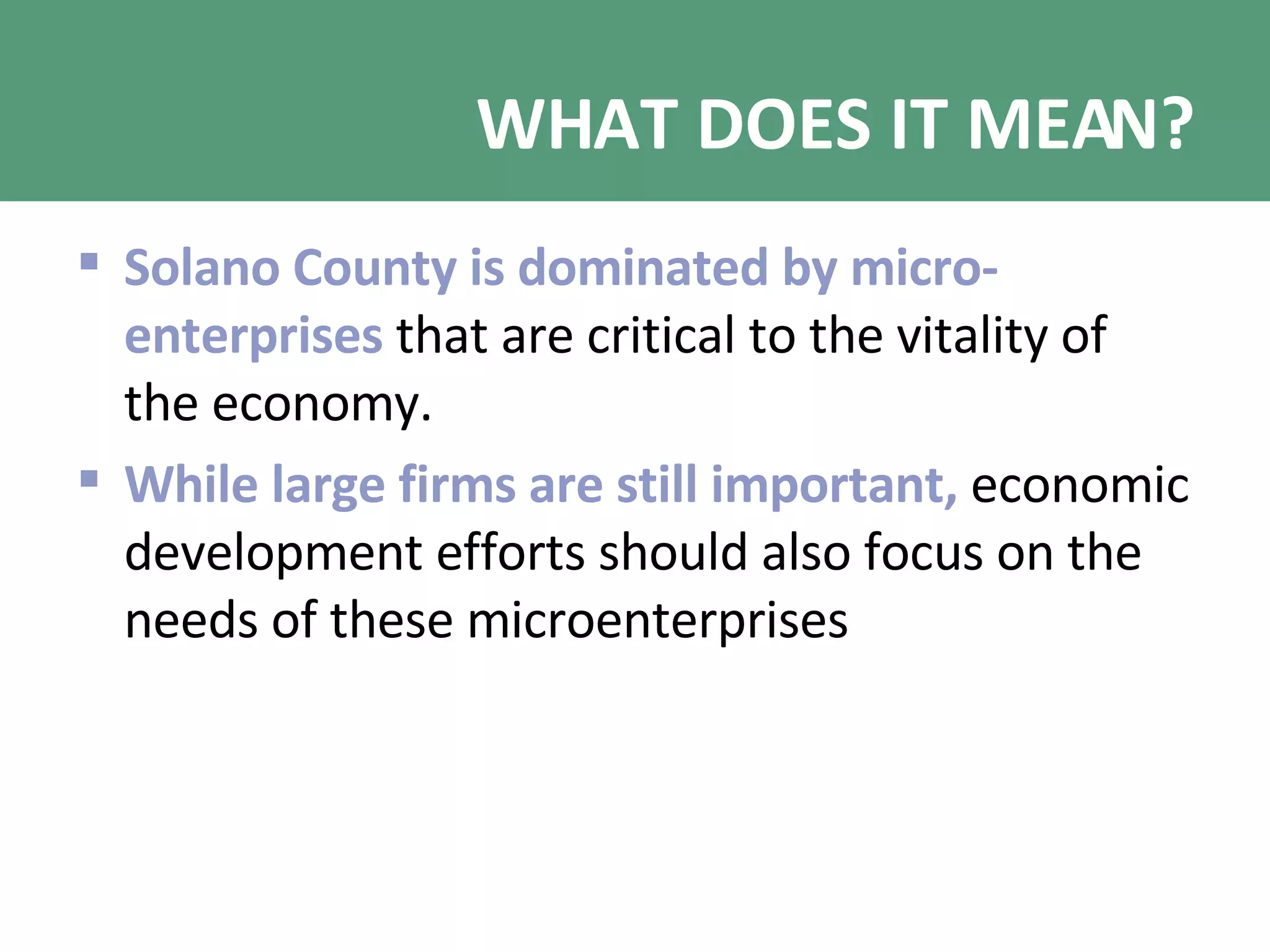 WHAT DOES IT MEAN? Solano County is dominated by micro-enterprises  that are critical to the vitality of the economy.  While large firms are still important,  economic development efforts should also focus on the needs of these microenterprises 