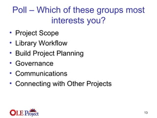 Poll – Which of these groups most interests you? Project Scope  Library Workflow  Build Project Planning Governance  Communications  Connecting with Other Projects  