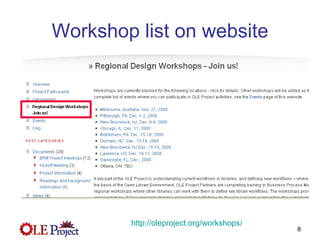 Workshop list on website http:// oleproject.org /workshops/ 