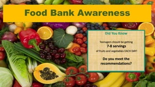 Food Bank Awareness
Did You Know
Teenagers should be getting
7-8 servings
of fruits and vegetables EACH DAY!
Do you meet the
recommendations?
 