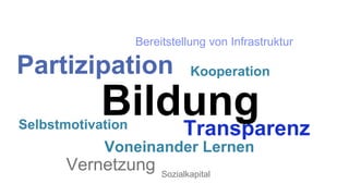 Bildung
Partizipation
TransparenzSelbstmotivation
Vernetzung
Bereitstellung von Infrastruktur
Voneinander Lernen
Sozialkapital
Kooperation
 