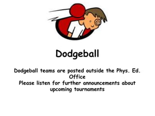 Dodgeball 
Dodgeball teams are posted outside the Phys. Ed. 
Office 
Please listen for further announcements about 
upcoming tournaments 
 