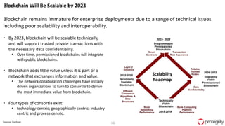 36
• By 2023, blockchain will be scalable technically,
and will support trusted private transactions with
the necessary data confidentiality.
• Over time, permissioned blockchains will integrate
with public blockchains.
• Blockchain adds little value unless it is part of a
network that exchanges information and value.
• The network collaboration challenges have initially
driven organizations to turn to consortia to derive
the most immediate value from blockchain.
• Four types of consortia exist:
• technology-centric; geographically centric; industry
centric and process-centric.
Source: Gartner
Blockchain Will Be Scalable by 2023
Blockchain remains immature for enterprise deployments due to a range of technical issues
including poor scalability and interoperability.
Scalability
Roadmap
 