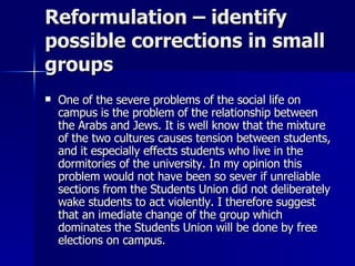 Reformulation – identify possible corrections in small groups One of the severe problems of the social life on campus is the problem of the relationship between the Arabs and Jews. It is well know that the mixture of the two cultures causes tension between students, and it especially effects students who live in the dormitories of the university. In my opinion this problem would not have been so sever if unreliable sections from the Students Union did not deliberately wake students to act violently. I therefore suggest that an imediate change of the group which dominates the Students Union will be done by free elections on campus. 