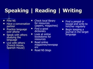 Speaking | Reading | Writing Find NS Have a conversation partner Practice language over phone Speak with others studying the language Live with others (French House, Spanish House) Check local library for resources (papers, magazines) Find a good dictionary Look at online bookstores for resources Read online magazines/newspapers Read NS blogs Find a penpal or keypal and write to him/her regularly Begin keeping a journal in the target language 