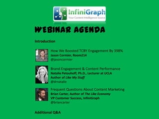 WEBINAR AGENDA
Introduction

         How We Boosted TCBY Engagement By 398%
         Jason Cormier, Room214
         @jasoncormier

         Brand Engagement & Content Performance
         Natalie Petouhoff, Ph.D., Lecturer at UCLA
         Author of Like My Stuff
         @drnatalie

         Frequent Questions About Content Marketing
         Brian Carter, Author of The Like Economy
         VP Customer Success, InfiniGraph
         @briancarter

Additional Q&A
 