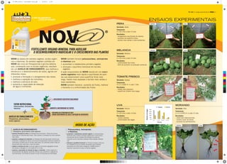 NOV@ se baseia em extratos vegetais, ácidos orgâni-
cos e vitaminas. Os extratos vegetais contidos em
NOV@ são ricos em ﬁtosaponinas e glicina betaína
que, juntamente com os ácidos orgânicos, resultam
em um AUXÍLIO DE ENRAIZAMENTO, que melhora a
eﬁciência e o desenvolvimento de raízes, agindo em
diferentes níveis:
• promove a formação e o alongamento das raízes;
• melhora a captação de nutrientes;
• melhora a estrutura do solo;
• aumenta a capacidade de retenção
de água e nutrientes.
NOV@ também fornece polissacarídeos, aminoácidos
e vitaminas que:
• aumentam o metabolismo primário vegetal;
• otimizam o equilíbrio hormonal em tecidos
vegetais.
A ação biopromotora de NOV@ resulta em um cresci-
mento vegetativo mais rápido e equilibrado de plan-
tas que desenvolvem uma superfície foliar mais
larga, hastes mais espessas e tecidos mais verdes e
mais resistentes.
NOV@ também favorece aumento de frutos, melhora
o tamanho e a uniformidade dos frutos.
AUXÍLIO DO ENRAIZAMENTO
(Fitosaponinas, glicina betaína, ácidos orgânicos):
• promove formação de raízes: as ﬁtosaponinas promovem o inﬂuxo de auxinas
produzidas em rebentos para raízes, onde induzem a formação de novos capilares
radiculares;
• aumenta a captação de nutrientes: as ﬁtosaponinas são adjuvantes naturais que
aumentam a captação de fatores nutricionais transportando moléculas através de
membranas celulares para os tecidos radiculares. Os nutrientes podem então ser
translocados das raízes para o resto da planta;
• melhora a estrutura do solo: os ácidos orgânicos promovem agregação coloide,
otimizando a drenagem e a circulação de ar no solo;
• aumenta a capacidade de retenção de água e nutrientes: ácidos orgânicos e
polissacarídeos são agentes quelantes naturais que aumentam a captação de
micronutrientes de ocorrência natural no solo ou fornecidos por fertilização.
Polissacarídeos, Aminoácidos
e Vitaminas,
• aumentam o metabolismo primário vegetal: os polissacarídeos
fornecem para a planta a energia exigida para o crescimento,
aminoácidos são as unidades de formação de proteínas
enquanto que as vitaminas catalisam várias reações metabóli-
cas;
• otimizam o equilíbrio hormonal: ao fornecer energia e precurso-
res metabólicos que as plantas necessitam para sintetizar
promotores de crescimento endógenos, NOV@ otimiza o
equilíbrio hormonal em todos os tecidos vegetais.
PERA
Variedade: Abate
Tratamento:
2 x 20 L/ha a cada 15 dias
Resultados:
- alongamento equilibrado de rebento;
- aumento da superfície foliar;
- tecidos mais verdes e mais resistentes.
MELANCIA
Variedade: Melania
Tratamento:
2 x 20 L/ha a cada 10 dias
Resultados:
- uniformidade dos frutos;
- 20% de aumento na produção comercial.
TOMATE FRESCO
Variedade: Saddya
Tratamento:
3 x 2 L/1000 m2
a cada 7 dias
Resultados:
- hastes mais espessas;
- superfícies foliares mais largas.
UVA
Variedade: Vittoria
Tratamento:
2 x 20 L/ha a cada 14 dias
Resultados:
- cachos maiores;
- uniformidade das bagas.
MORANGO
Variedade: Alba
Tratamento:
2 x 2 L/1000 m2
a cada 10 dias
Resultados:
- raízes bem desenvolvidas;
- número maior de folhas;
- aumento de perﬁlhamento.
FATOR NUTRICIONAL
Polissacarídeos, Aminoácidos,
Vitaminas
AUXÍLIO DO ENRAIZAMENTO
Fitosaponinas, glicina betaína,
ácidos orgânicos
Peso (g)
Controle
Númerodebagas
C
M
Y
CM
MY
CY
CMY
K
A3 NOV@_interni - portoghese copia.pdf 1 04/02/13 11:48
 